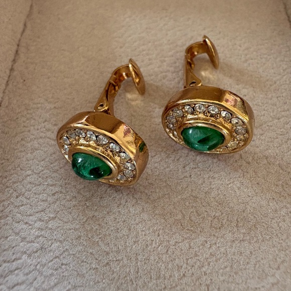 Dior Gold-Tone Earrings with Green Cabochons and Clear Crystals - Picture 4 of 6